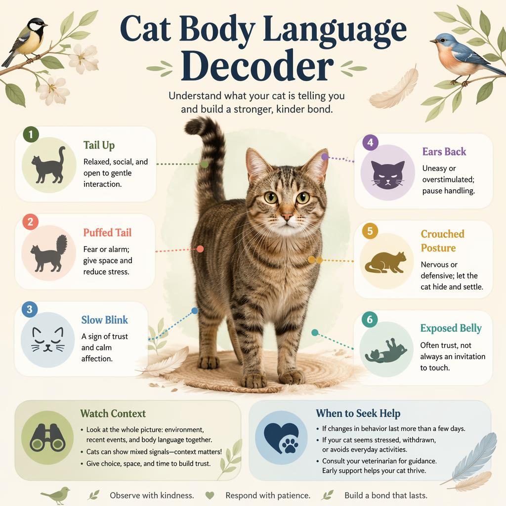 Pastel pet care infographic with a centered cat portrait, 6 body language callouts, and 2 small guidance panels.