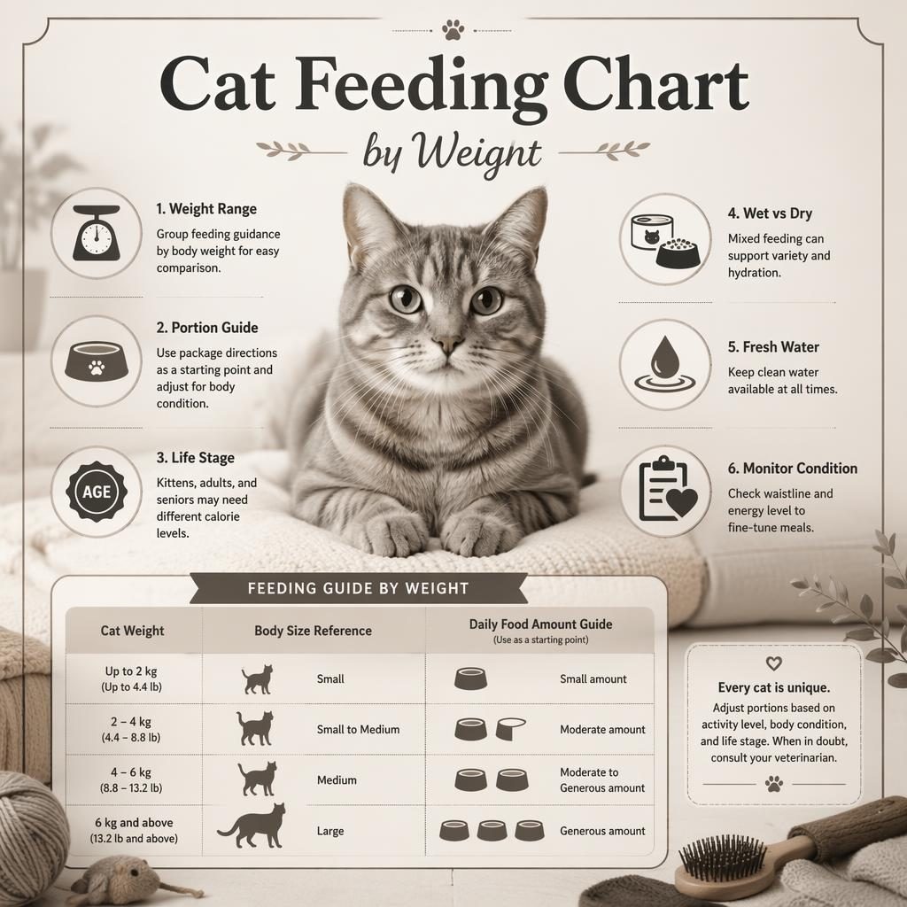 Monochrome pet care infographic with a centered domestic cat, 6 nutrition callouts, and a weight-based feeding chart.
