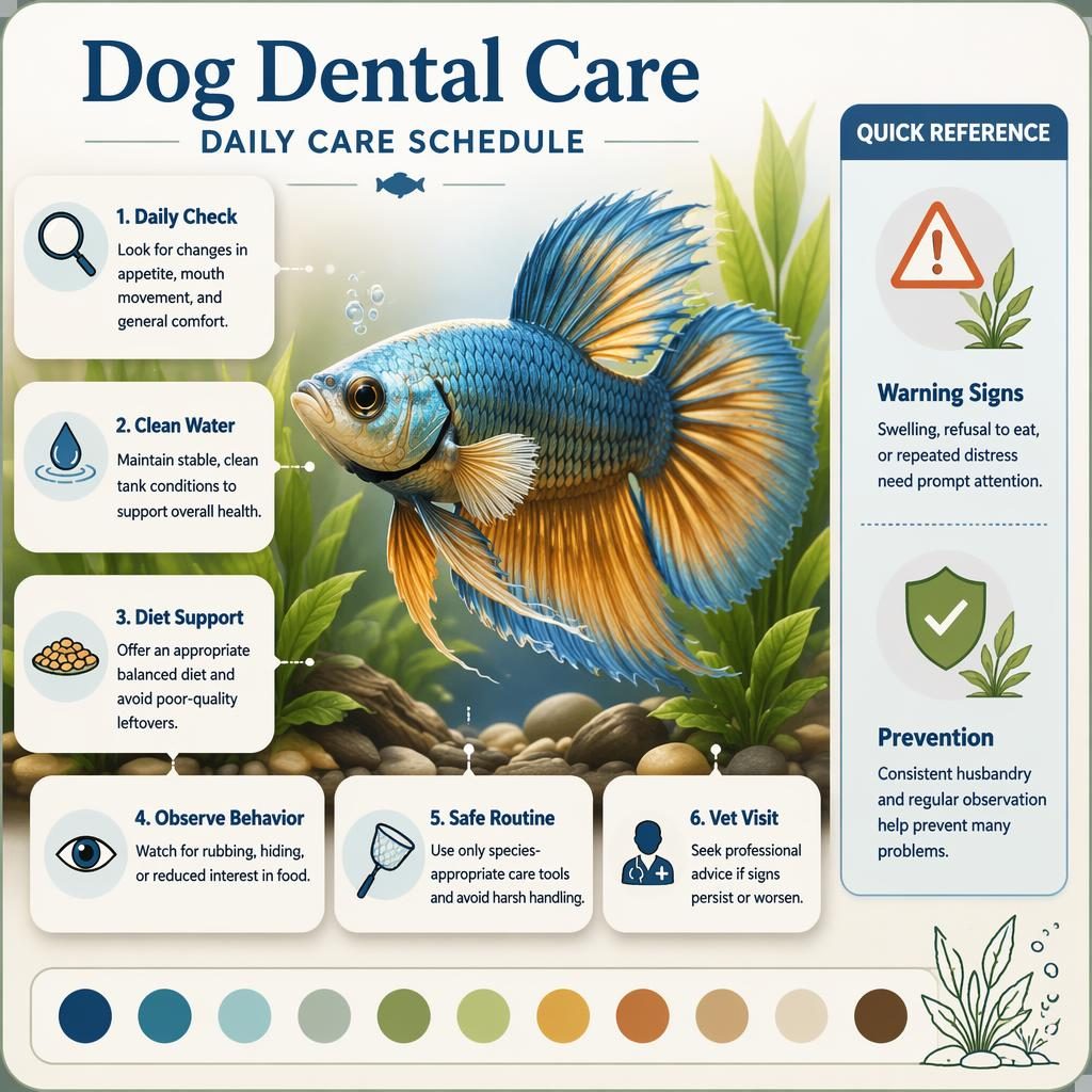 Pet care infographic titled Dog Dental Care with a hero aquarium fish, 6 care callouts, side panel tips, and border terrier colours chart cue.