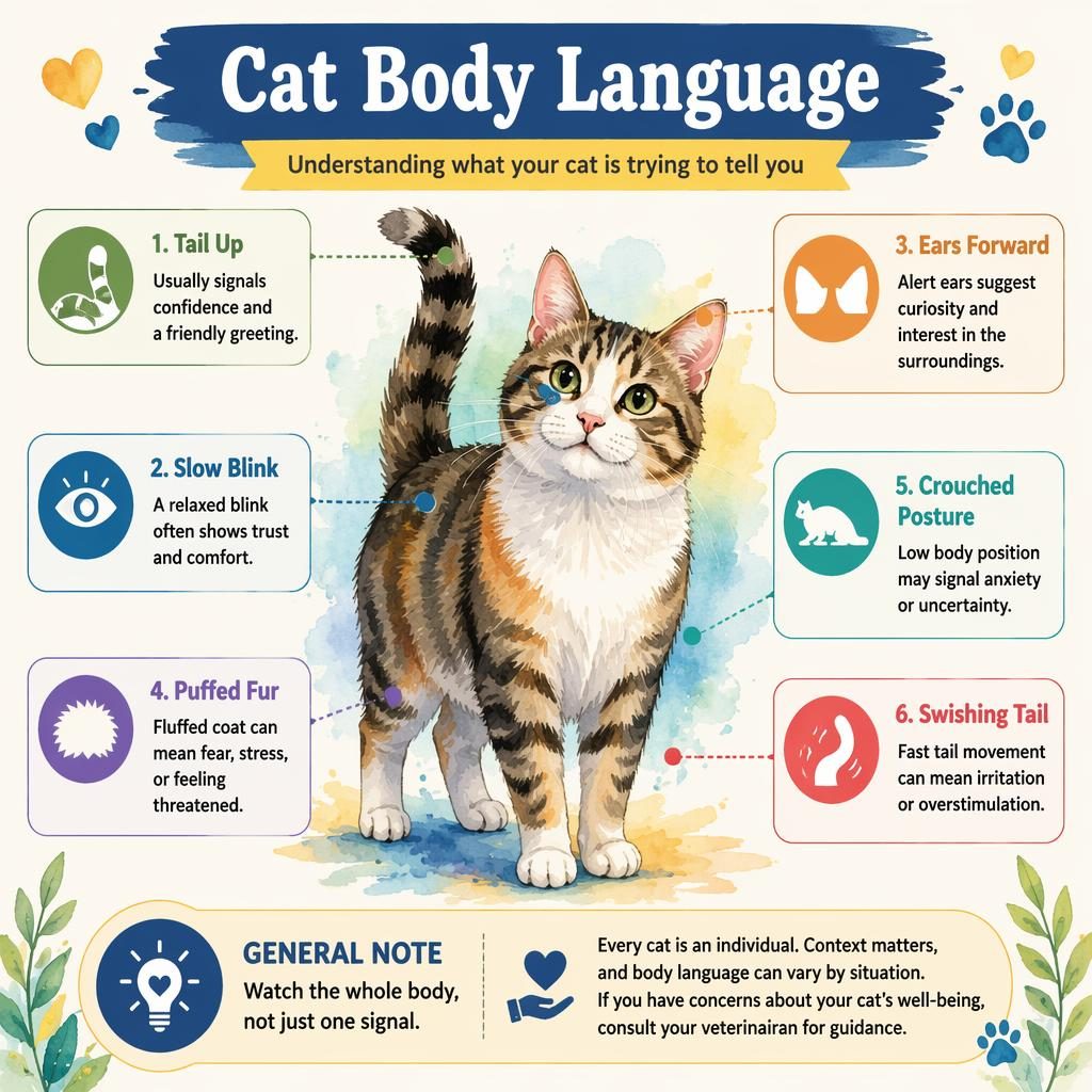 Watercolor cat body language infographic card with 6 labeled callouts, icons, and a general note panel in English.