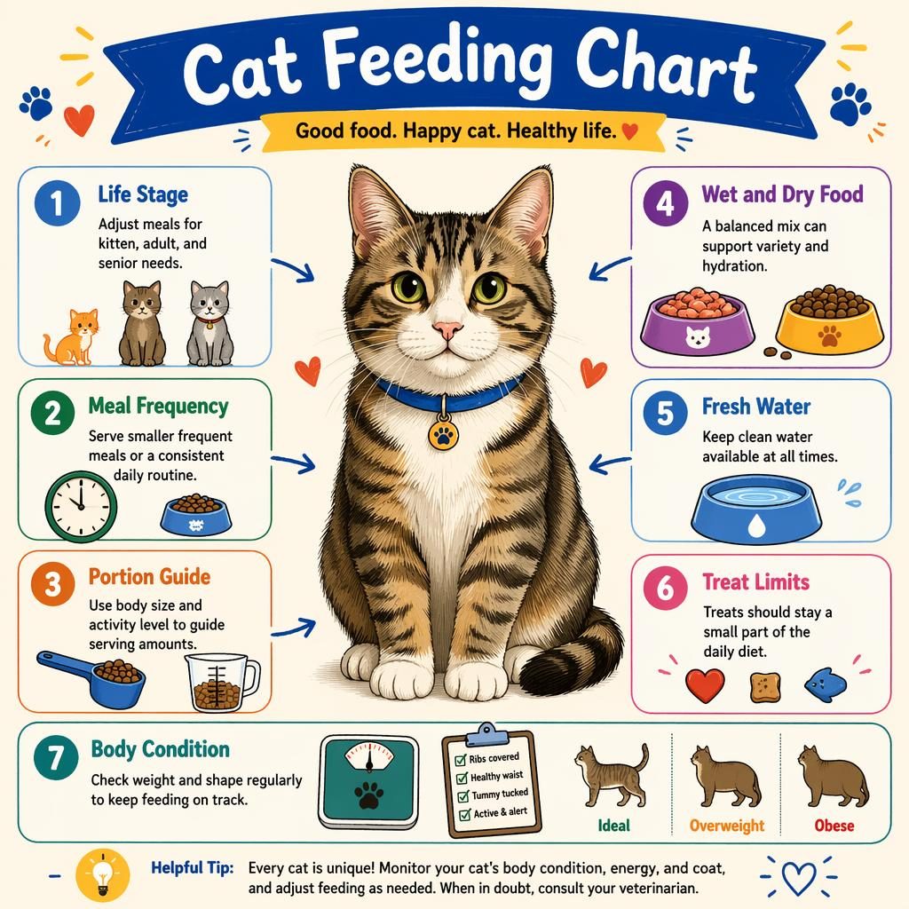 Sketchnote-style pet infographic showing a healthy domestic cat with 7 feeding chart callouts, icons, arrows, bowls, fish, kibble, water dish, clock and weight symbols.
