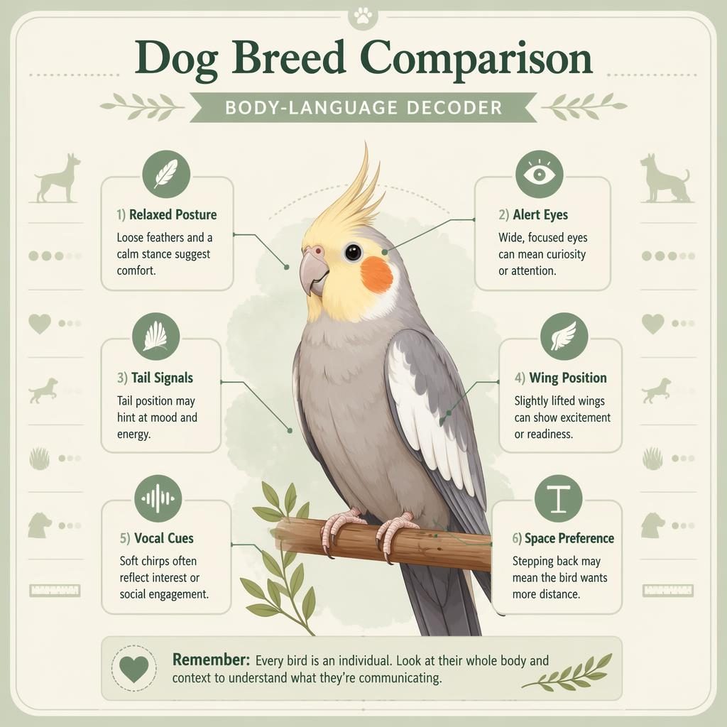 Minimal flat infographic of a centered bird portrait with 6 labeled body-language callouts in sage and cream editorial style.