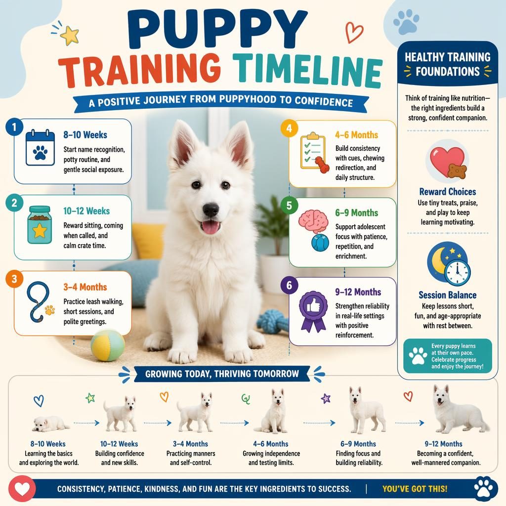 Editorial pet infographic with a White Swiss Shepherd puppy portrait, 6 training timeline callouts, and a healthy habits side panel.