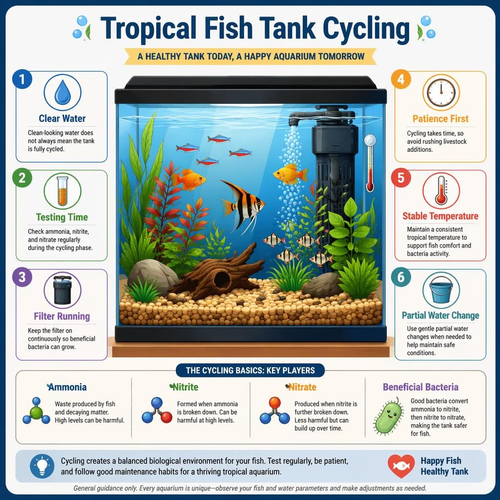 Flat pet care infographic of a tropical freshwater aquarium with fish, plants, filter, thermometer, gravel, bubbles, and 6 care callouts.