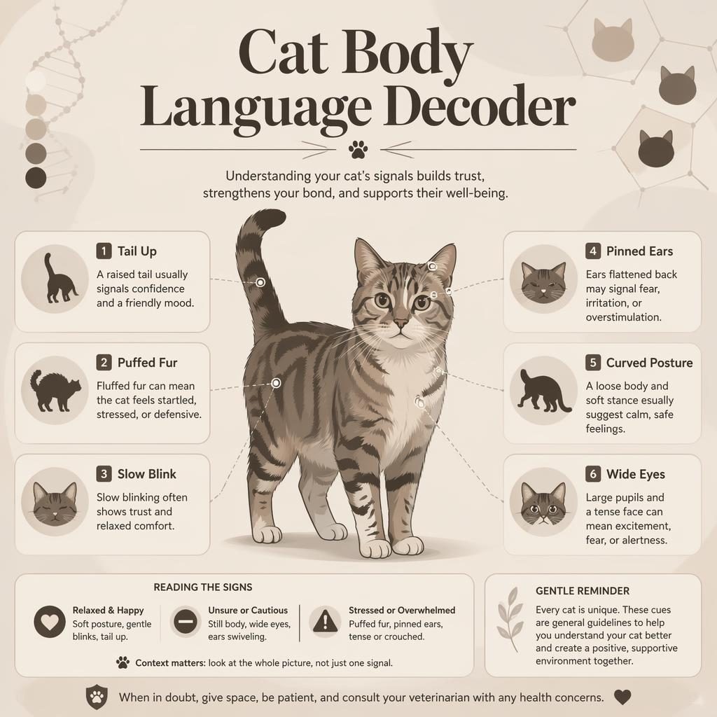 Minimal pet care infographic with a centered cat, 6 body language callouts, icons, and a subtle labrador color genetics chart motif.