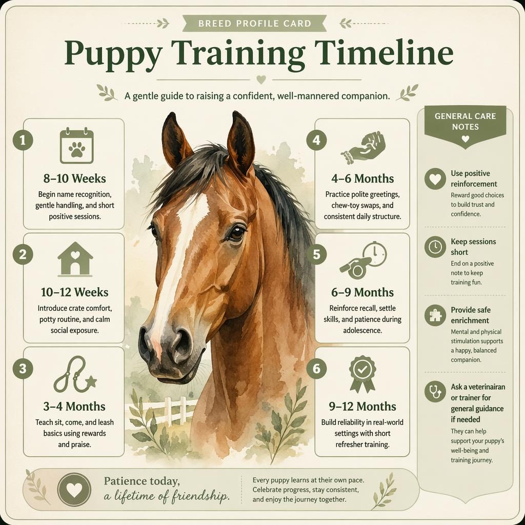 Editorial pet care infographic card with a watercolor horse portrait, sage and cream palette, and six puppy training timeline callouts.