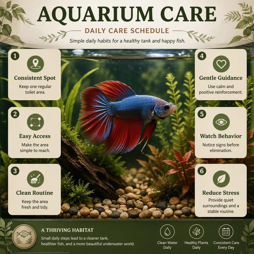 Wildlife-style pet care infographic showing a healthy aquarium fish in a planted tank with six labeled care callouts and icons.