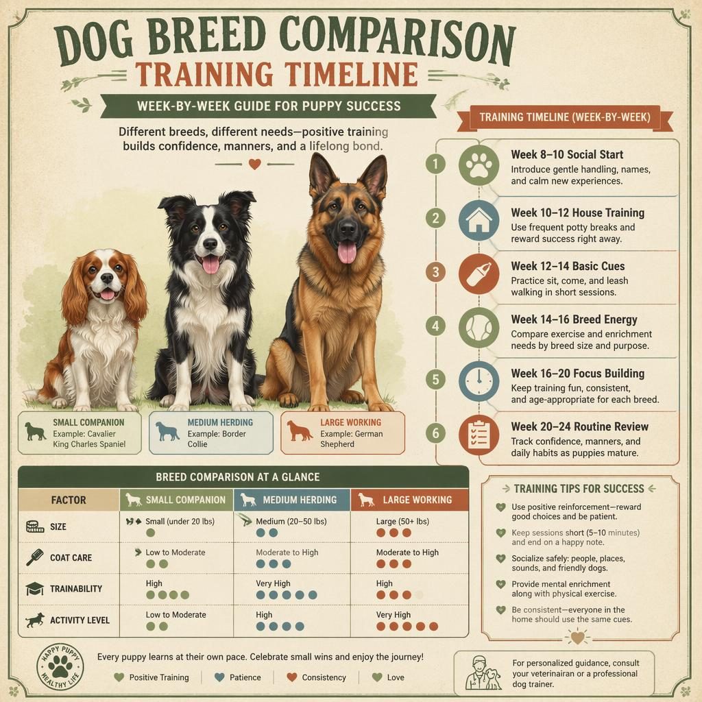 Vintage-style pet infographic comparing training weeks 8–24 for small, medium, and large dog breeds with portraits and icons.