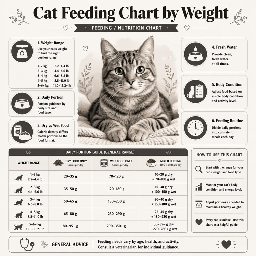 Monochrome pet care infographic with a centered healthy cat, 6 feeding callouts, and a weight-based comparison chart.