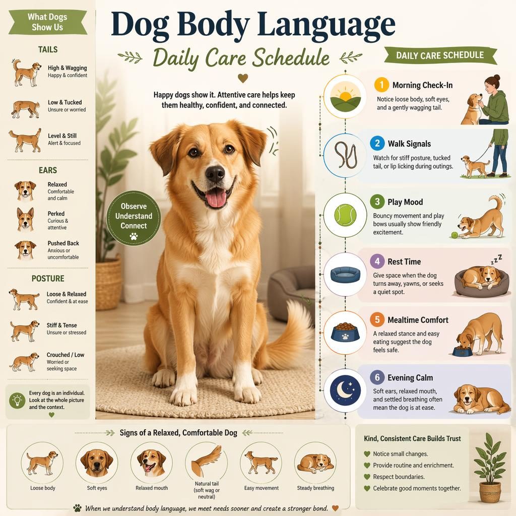 Dog care infographic with friendly dog portrait and 6 daily body language callouts, plus tail, ear, and posture cues.