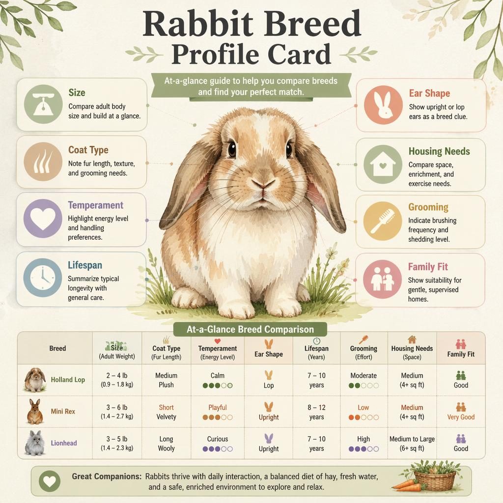 Editorial watercolor infographic showing a centered rabbit portrait with labeled breed profile callouts, icons, badges, and comparison panels.