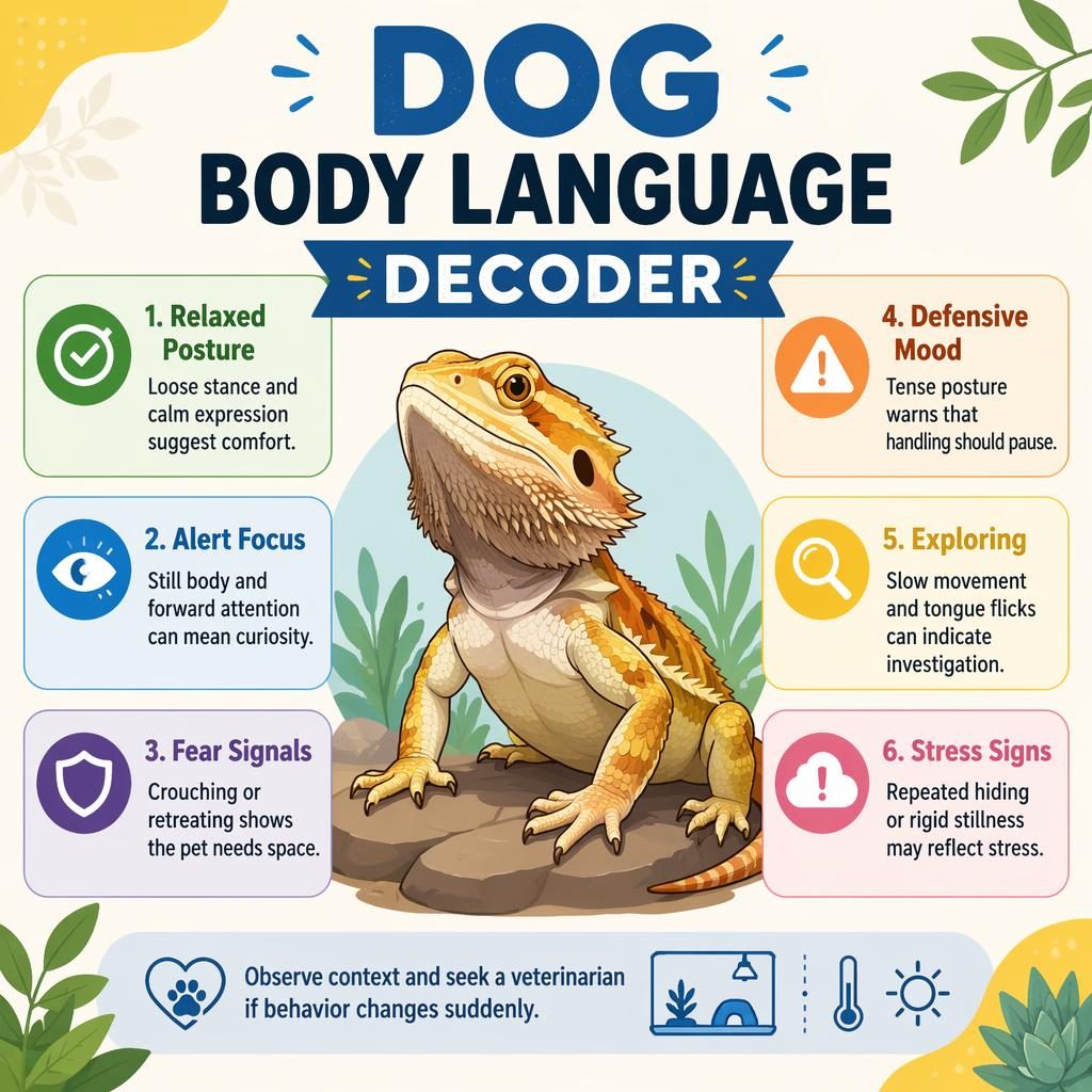 Flat pet care infographic with a centered reptile portrait and six English callouts in a playful editorial layout.