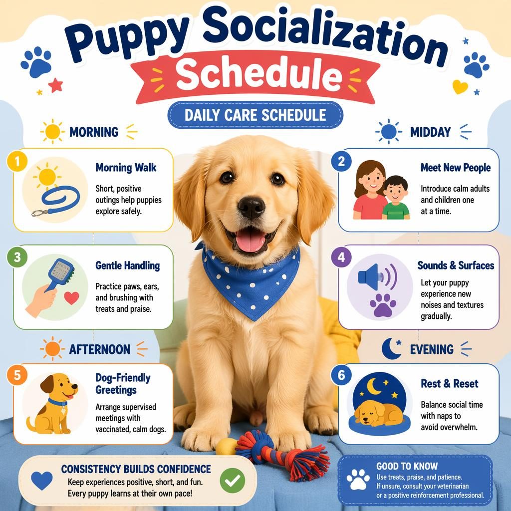 Pet care infographic with a happy puppy portrait and 6 daily callouts for socialization, using playful icons and primary colors.