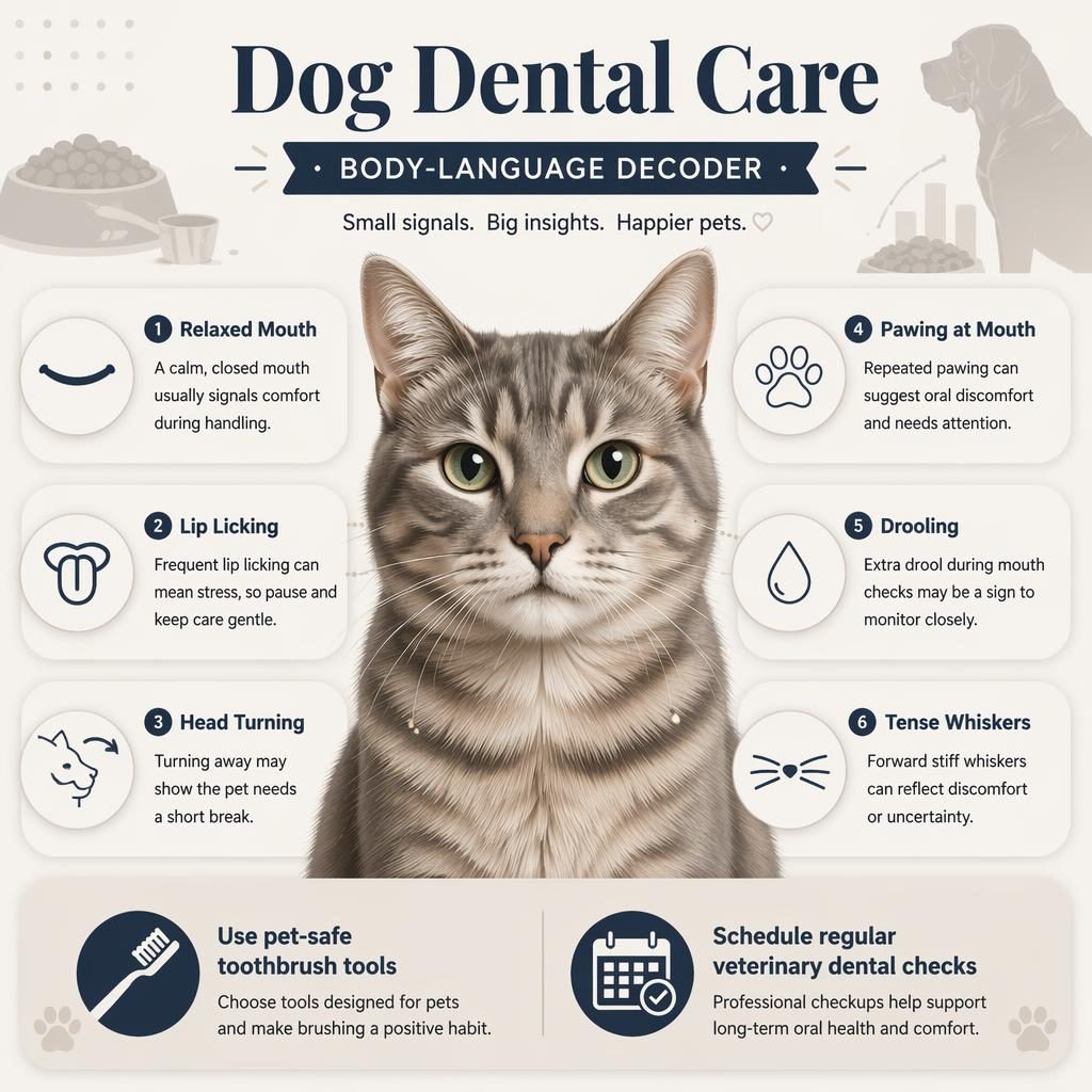 Minimal pet care infographic with centered cat portrait, 6 dental body-language callouts, and 2 reminder icons.