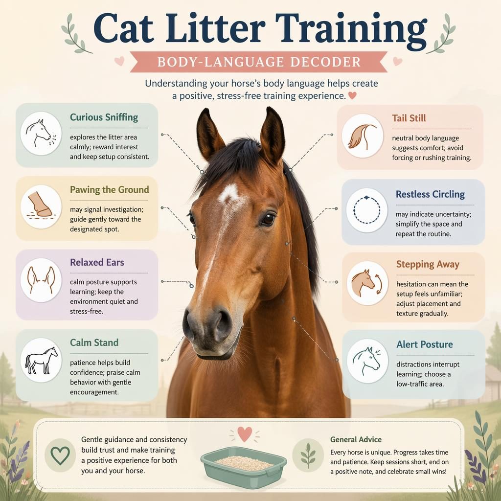 Minimal pastel pet care infographic with a hero horse portrait and labeled body-language callouts around the animal.