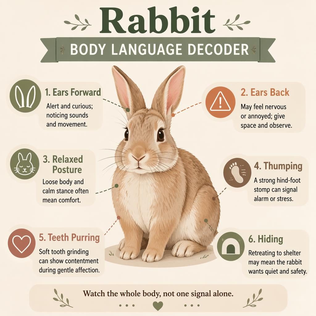 Minimal pet care infographic with a centered rabbit and 6 labeled body language callouts in a muted earth-tone layout.