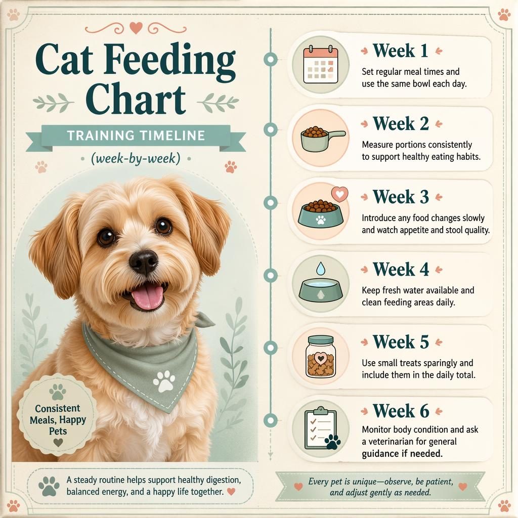 Pet care infographic with a small dog portrait, pastel timeline, and 6 weekly feeding tips with bowl, scoop, water, treat, calendar icons.