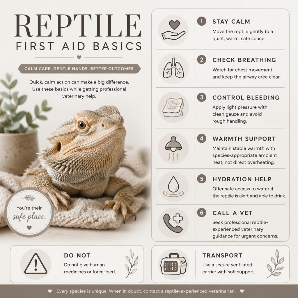 Editorial pet care infographic showing a calm reptile portrait with 6 first aid callouts, icons, and mini care panels.