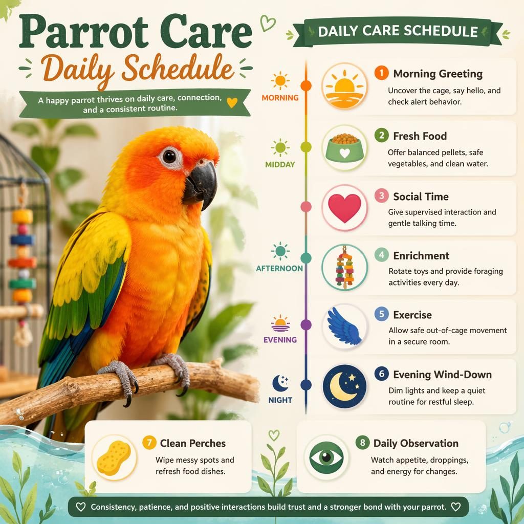 Editorial pet infographic showing a colorful parrot portrait with a daily care timeline, 6 labeled callouts, icons, and warm tones.