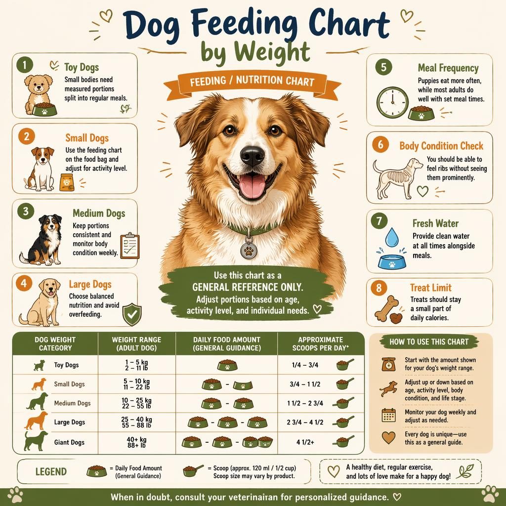 Sketchnote pet nutrition infographic with a centered dog, feeding chart by weight, icons, bowls, scoops, and 8 tips.