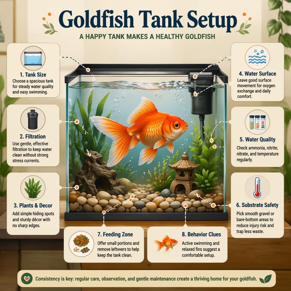 Pet care infographic showing a healthy goldfish in a clean aquarium with labeled setup callouts, icons, and tank cross-section.