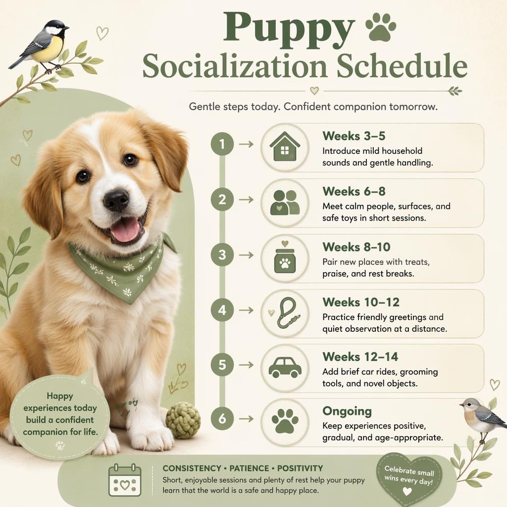 Pet care infographic with a young puppy portrait, 6 socialization milestone callouts, icons, and a sage cream timeline chart.
