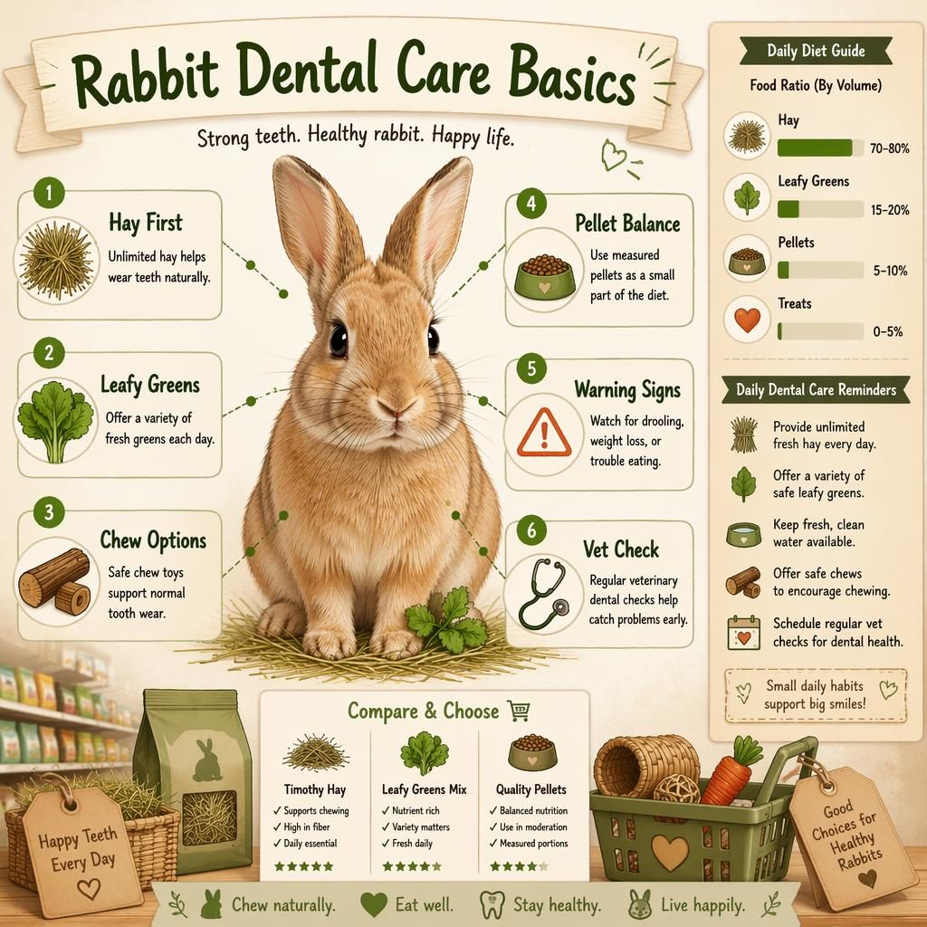 Infografika s králíkem uprostřed, 6 popisky péče o zuby, ikonami, postranním panelem a jemnými nákupními prvky.