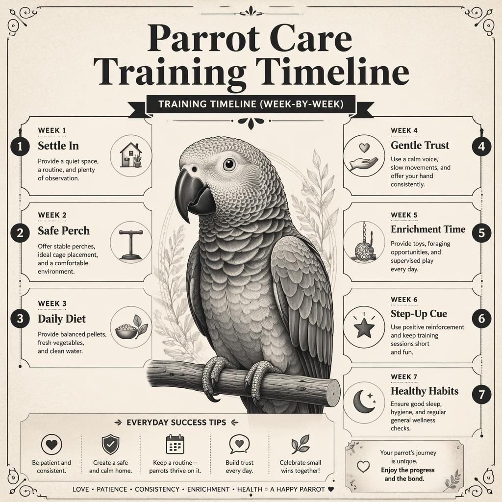 Monochrome parrot care timeline infographic with centered parrot portrait and 7 weekly training callouts with icons.