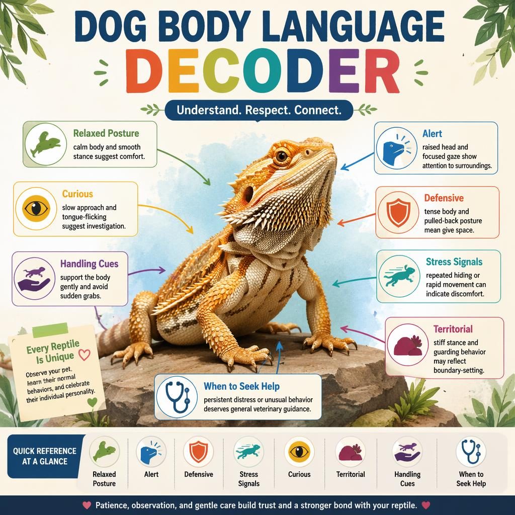 Editorial-style reptile pet care infographic with labeled body language callouts, arrows, icons, and a playful primary-color layout.