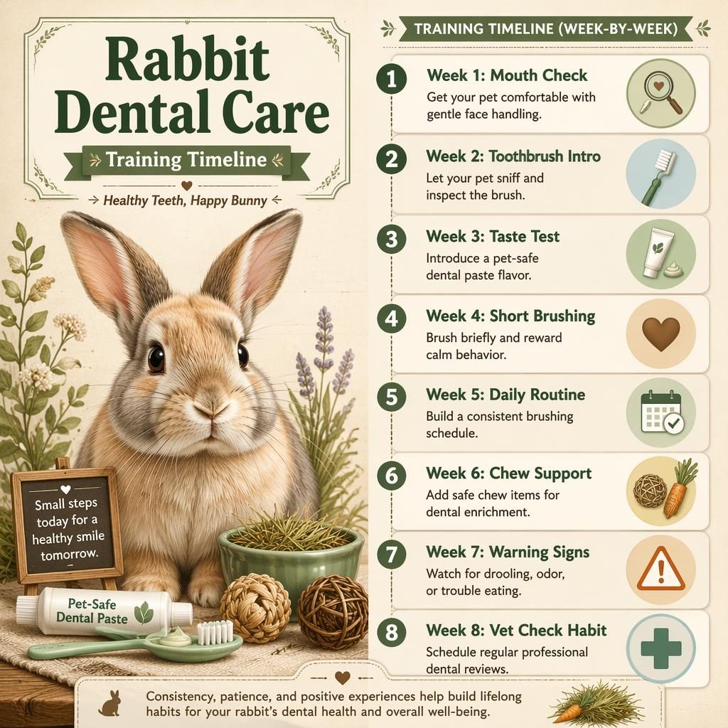 Infografika s portrétem králíka a časovou osou 1–8 týdnů pro nácvik dentální péče, s ikonami kartáčku, pasty a veteriny.