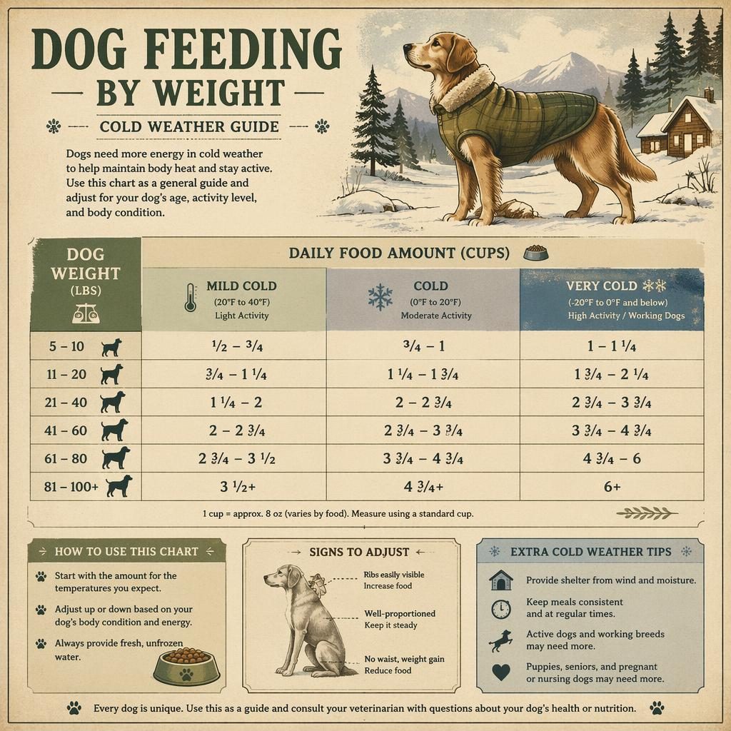 Pet care infographic about: dog feeding chart by weight. Archetype: training timeline (week-by-week). Species: fish / aq