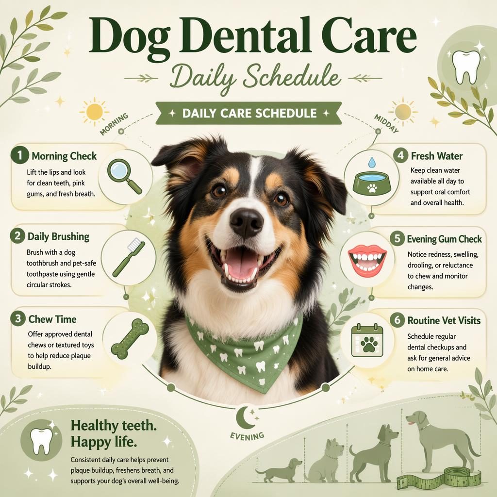 Pet care infographic with smiling dog, 6 dental care callouts, timeline icons, and subtle dog harness size chart by breed panel.