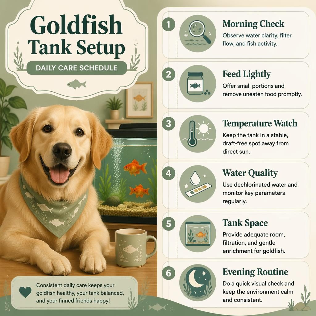 Editorial pet care infographic with a friendly dog portrait, sage and cream layout, and six goldfish tank setup callouts.