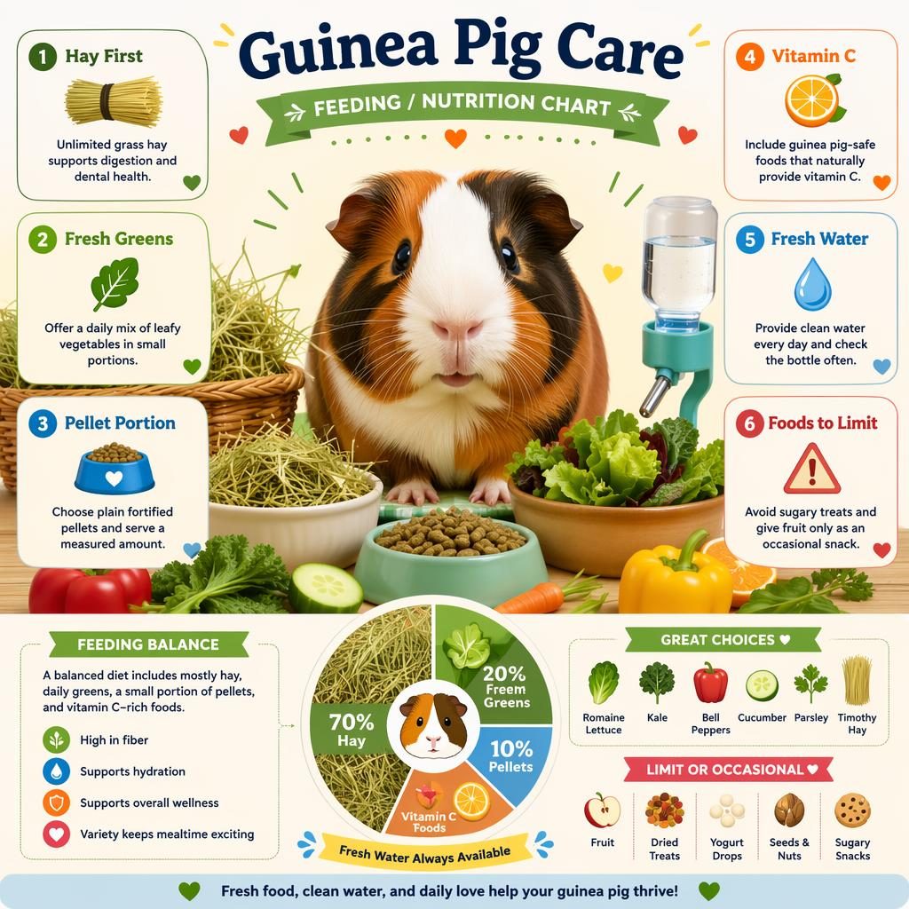 Guinea pig care infographic with a centered guinea pig, food bowls, hay, greens, pellets, water bottle, and 6 feeding callouts.