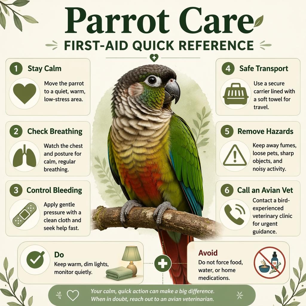 Editorial pet care infographic showing a healthy parrot centered with 6 first-aid callouts, icons, and a Do/Avoid sidebar.