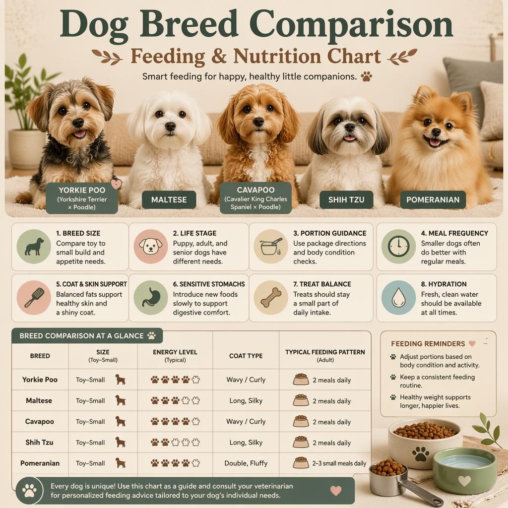 Pet care infographic with yorkie poo and small dog breeds, feeding and nutrition chart, callout icons, and comparison panel.