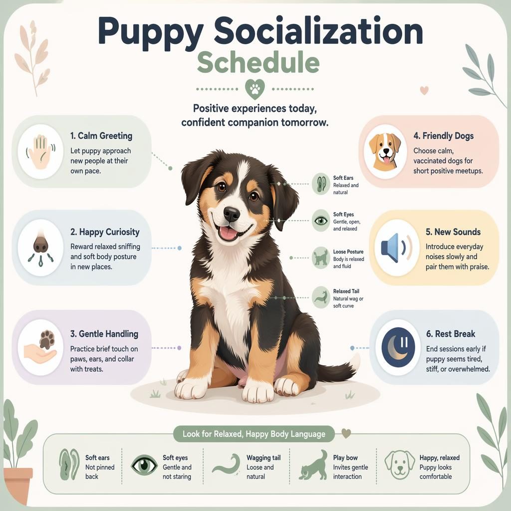 Flat pastel infographic of a friendly puppy with 6 socialization callouts, icons, and relaxed body-language cues.