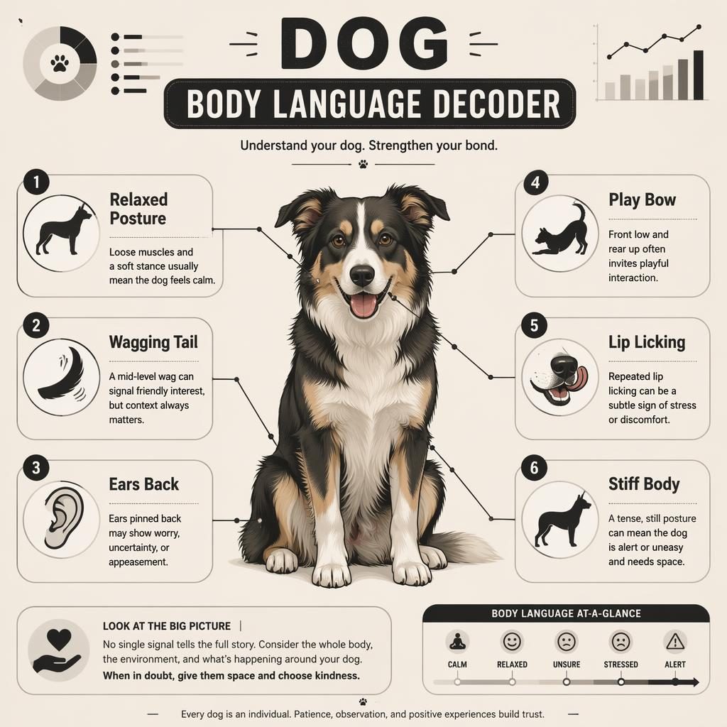 Minimal pet care infographic with a centered dog portrait and six labeled body language callouts in a monochrome flat style.