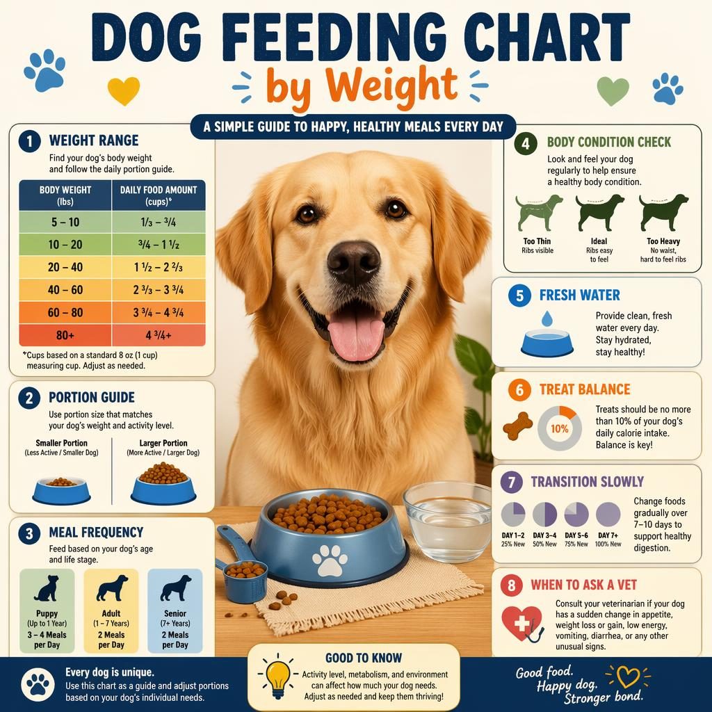 Pet care infographic with a friendly reptile portrait and dog feeding chart callouts, scales, bowls, water dish, and icons.