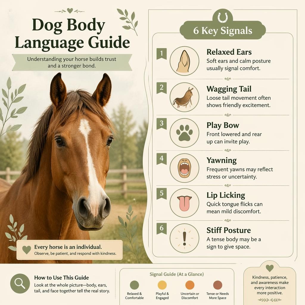 Editorial-style pet care infographic with a friendly horse portrait and 6 behavior callouts in a sage and cream chart layout.