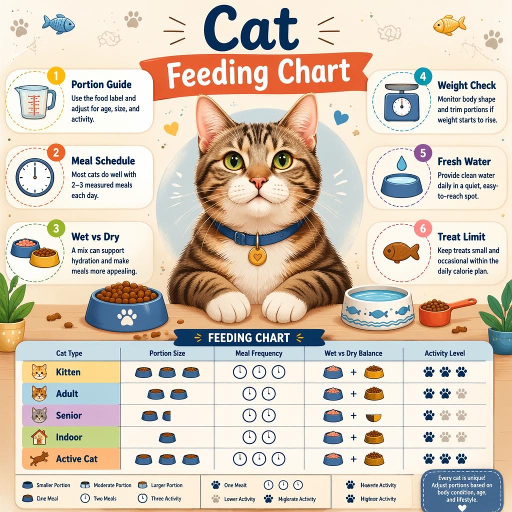 Pet care infographic with a healthy domestic cat portrait, 6 feeding callouts, and a simple chart for kitten, adult, senior, indoor, and active cats.