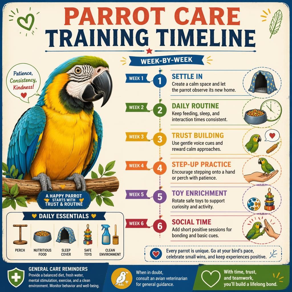 Printable pet care infographic with a friendly parrot portrait and a 6-week training timeline, icons, tips, and supplies.