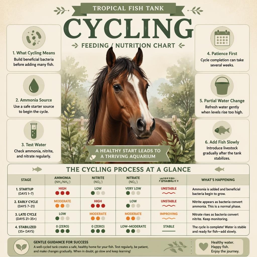 Cozy pet care infographic with a horse portrait, sage and cream panels, fish tank cycling callouts, and comparison chart.