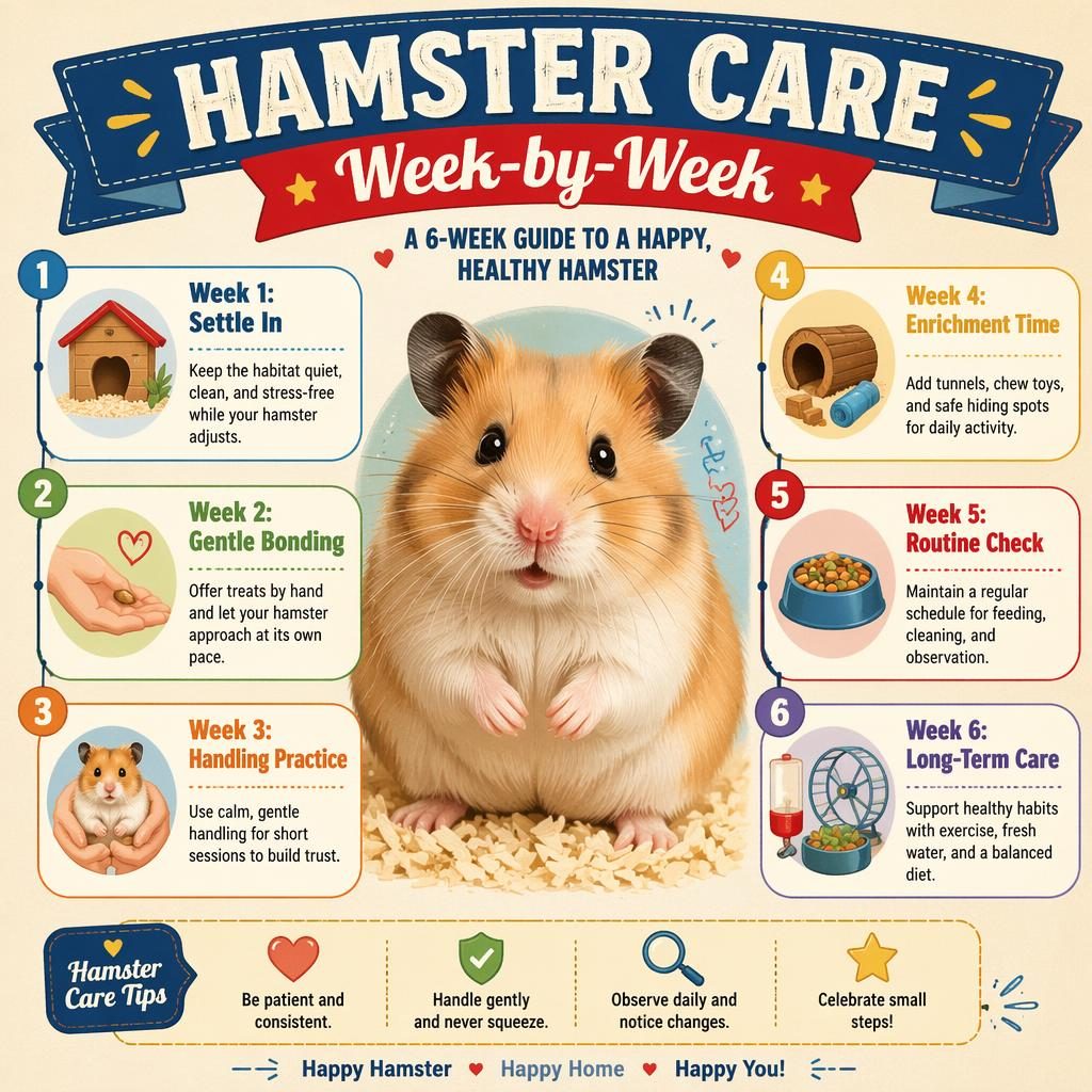 Vintage-style pet care infographic with a cute hamster portrait and six week-by-week care panels with small icons.