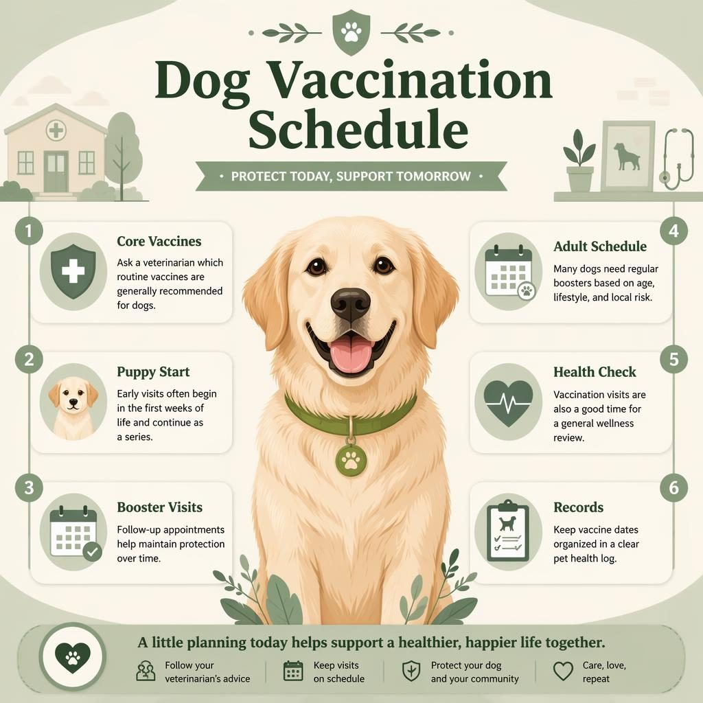 Minimal pet care infographic with a friendly bird portrait, 6 vaccine schedule callouts, timeline accents, calendar and shield icons.