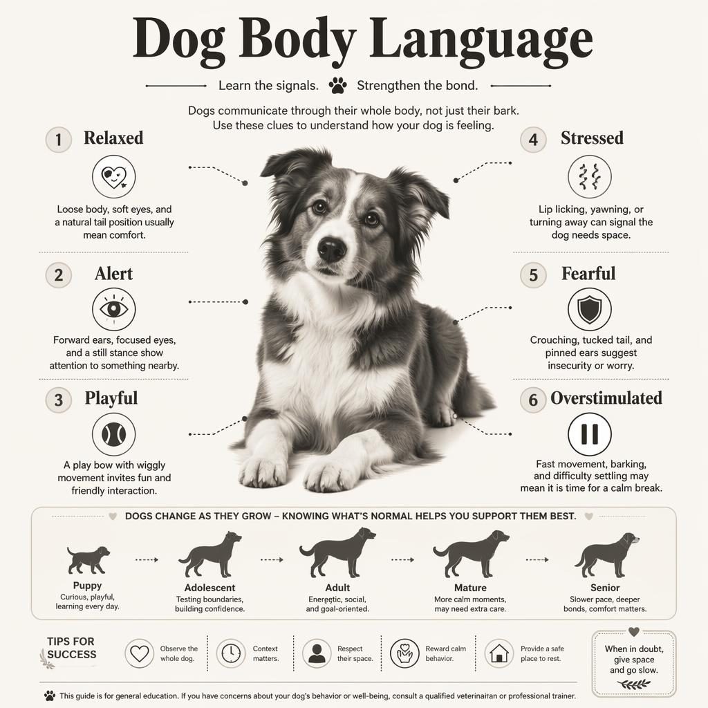 Monochrome dog body language infographic with a hero dog portrait and 6 labeled callouts with icons in a clean chart layout.