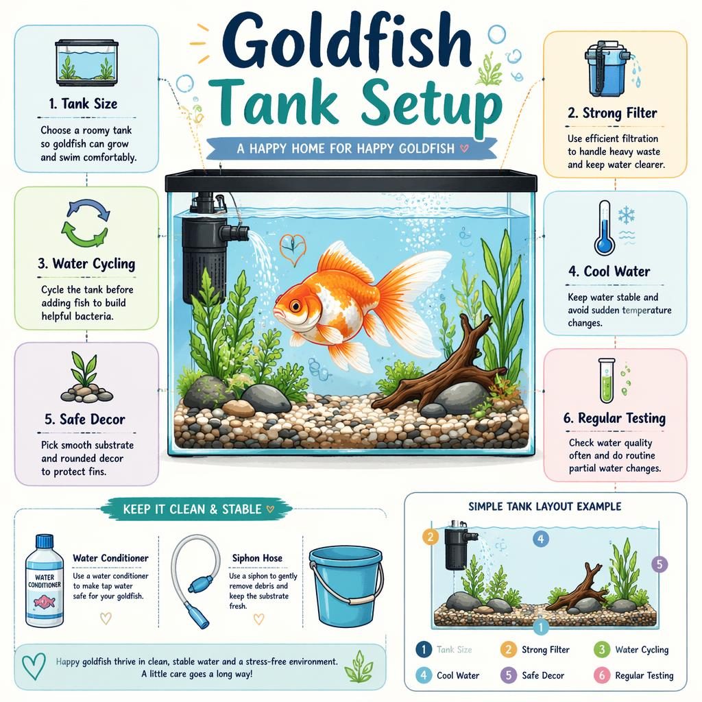 Pastel sketchnote infographic of a fancy goldfish tank with 6 labeled habitat setup callouts, icons, plants, bubbles.