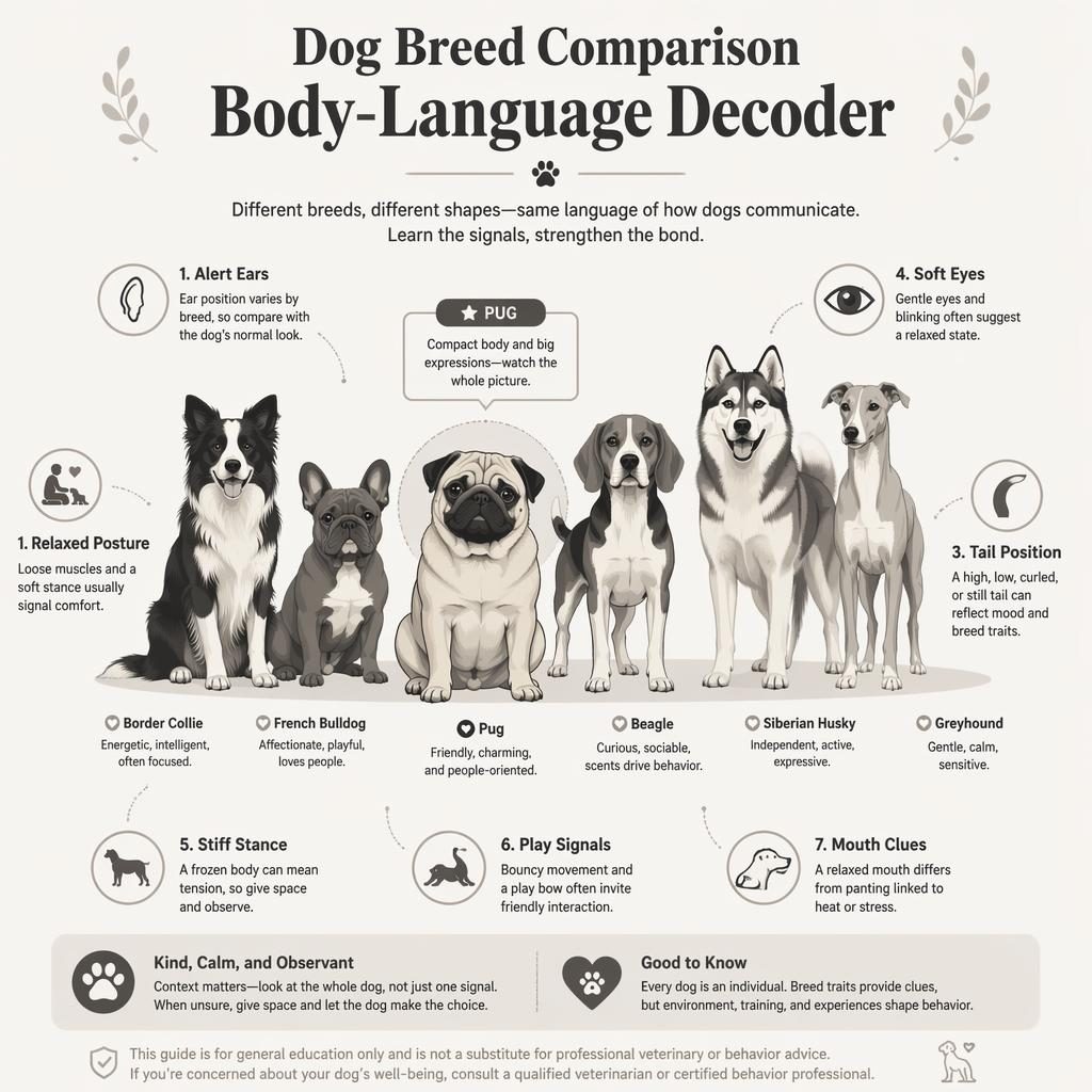 Minimal monochrome pet infographic showing a pug and several dog breeds with labeled body-language callouts and icons.