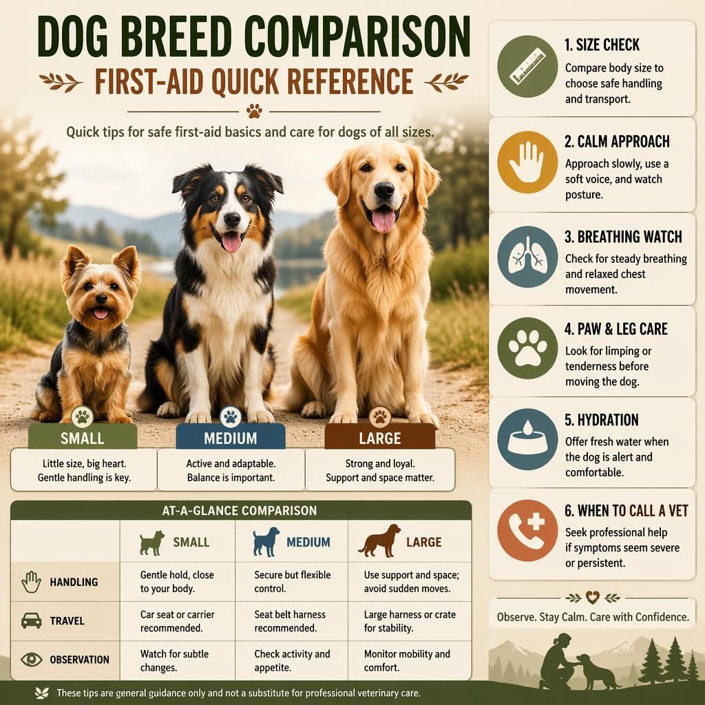 Editorial dog first-aid infographic with small, medium, and large dogs, 6 care callouts, icons, and comparison panel.