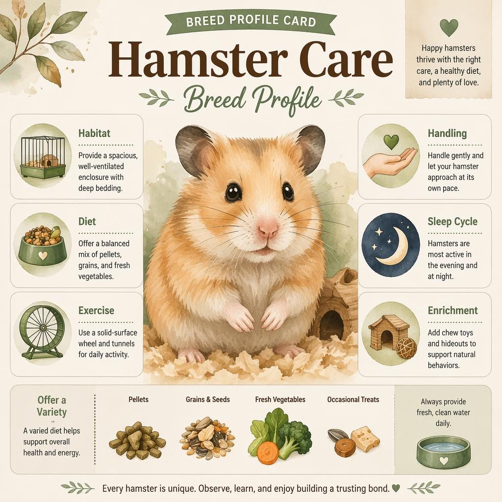 Watercolor hamster care infographic with hero portrait and 6 English callouts for habitat, diet, exercise, handling, sleep cycle, and enrichment.
